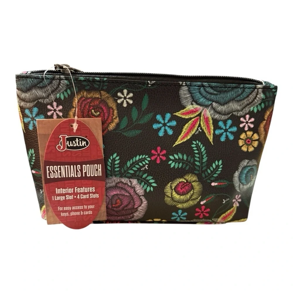 Justin Essentials Pouch – Black Floral Zip Bag with Card Slots – NWT